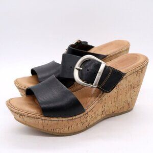 Born Emmy Black Leather Platform Wedge Sandals Wide Strap Women’s Sz 8